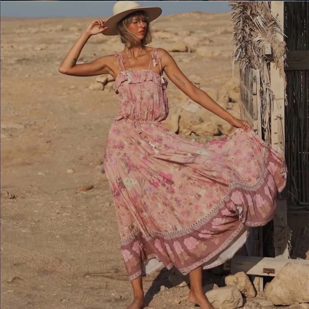 Bohemian Floral Print Maxi Dress Pink Boho Gypsy​​​​​​​​​ - Picture 5 of 12